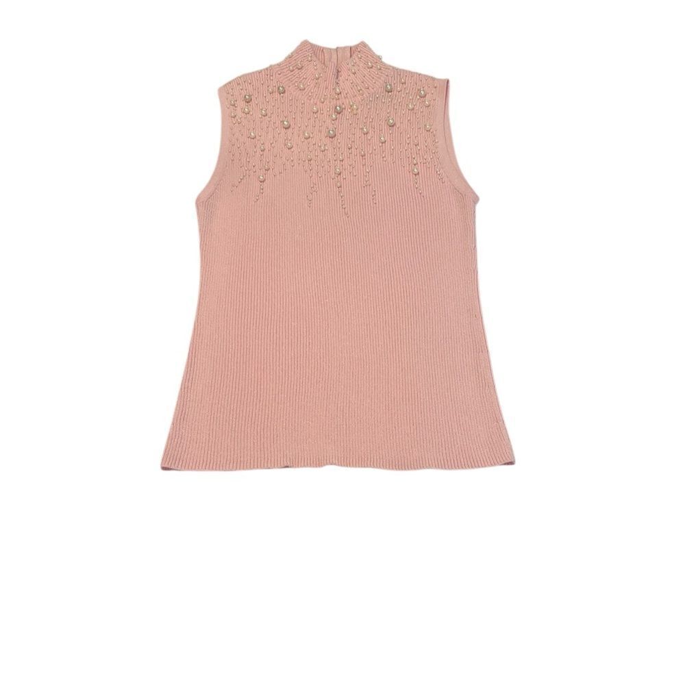 Once1Again szS sleeveless pink high neck tank with pearl beads zip back EUC